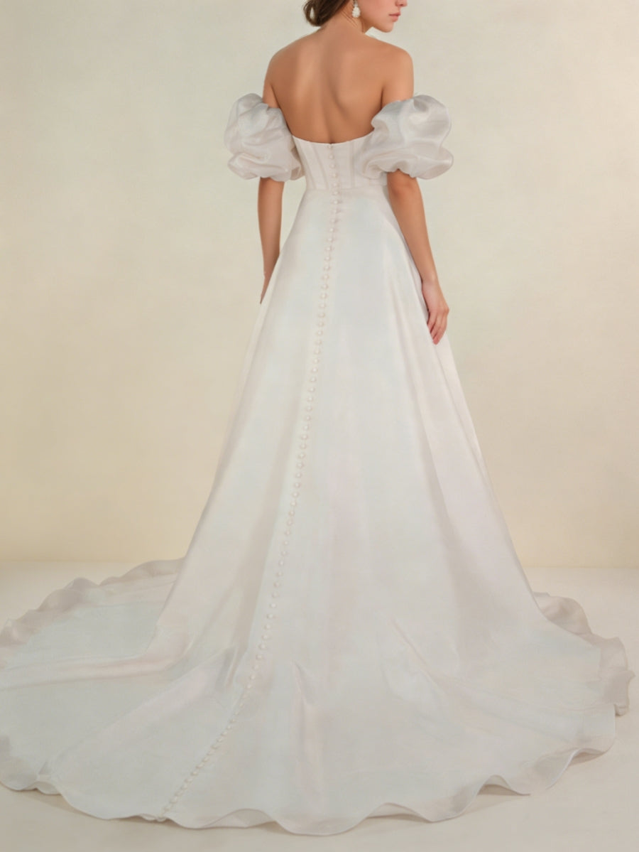 A-Line/Princess Off-the-Shoulder Satin Wedding Dresses Floor-Length Court Train Detachable Sleeves Ruched
