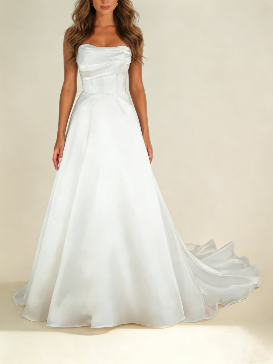 A-Line/Princess Off-the-Shoulder Satin Wedding Dresses Floor-Length Court Train Detachable Sleeves Ruched