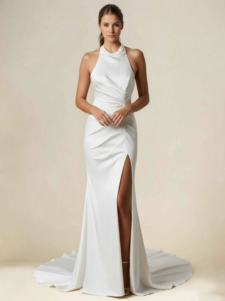 Trumpet/Mermaid Halter Satin Wedding Dresses With High Split Floor-Length Sweep Train Sleeveless Pleats