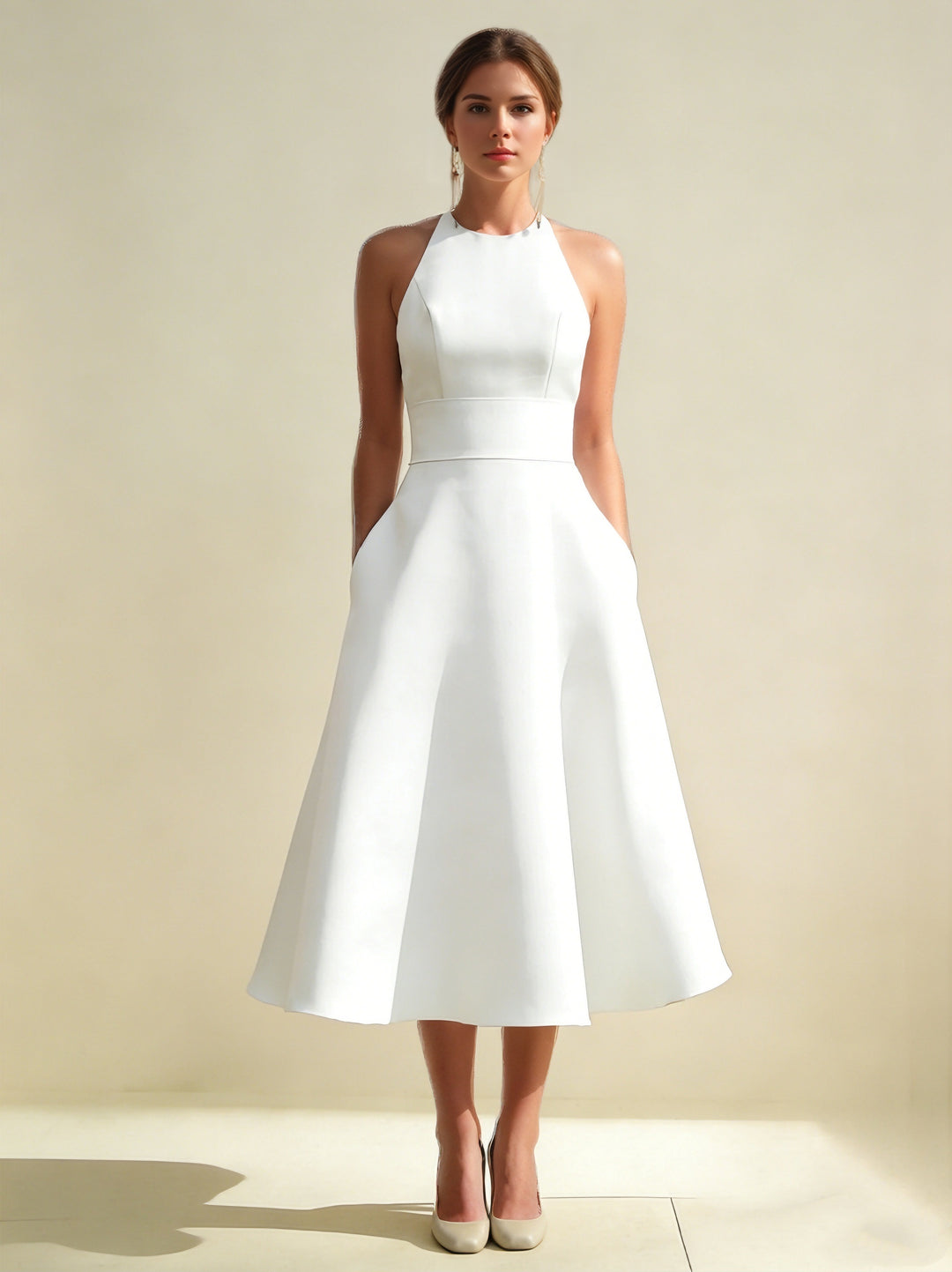 A-Line/Princess Halter Satin Wedding Dresses Tea-Length Sleeveless With Pockets Back Hole Lace