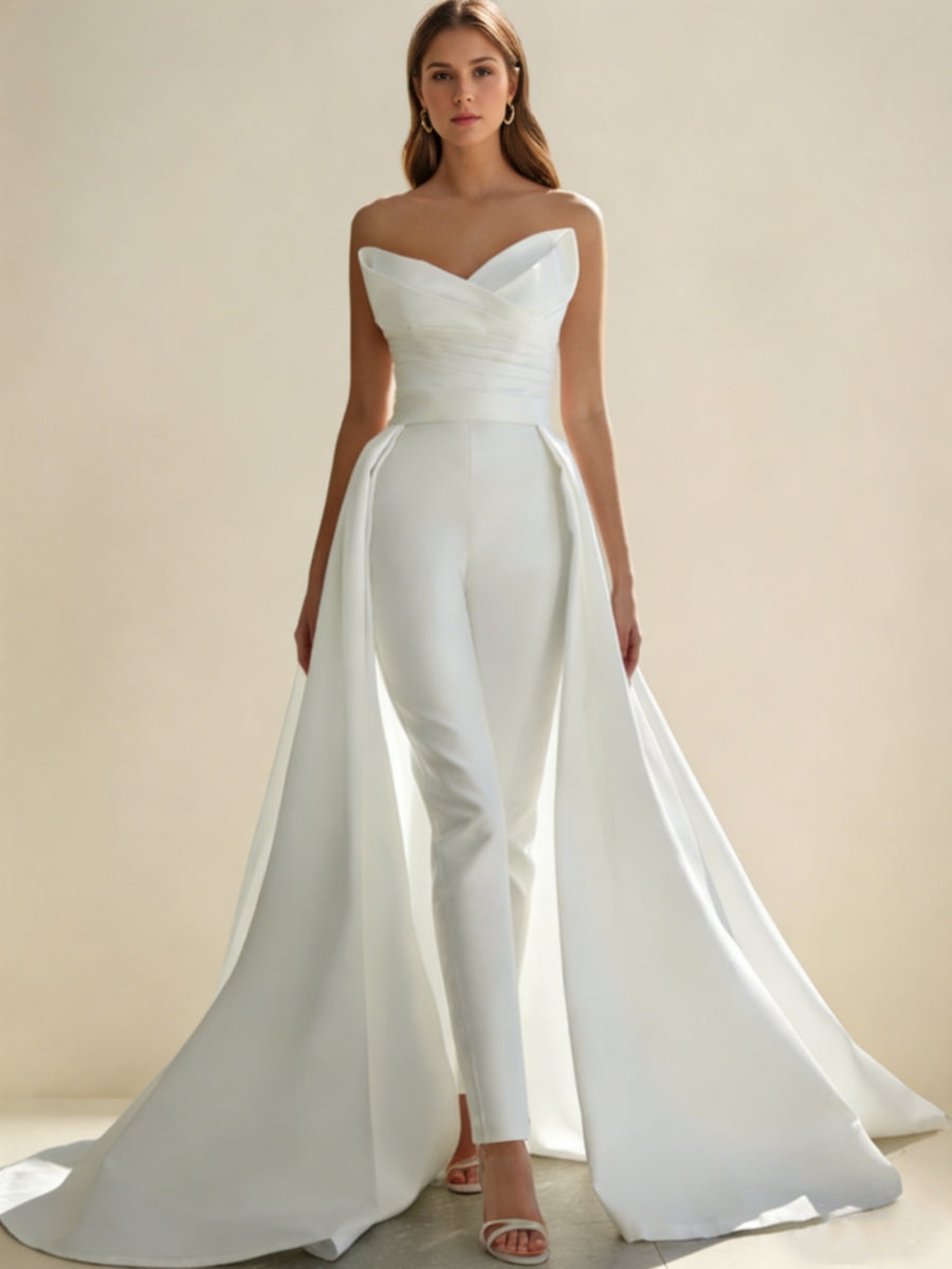 Jumpsuit/Pantsuit Sweetheart Satin Wedding Dresses Sleeveless Detachable Overskirt With Bow