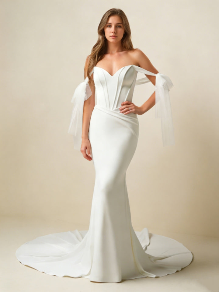 Trumpet/Mermaid Off-the-Shoulder Stretch Satin Wedding Dresses Sleeveless Floor-Length Sweep Train Ruched