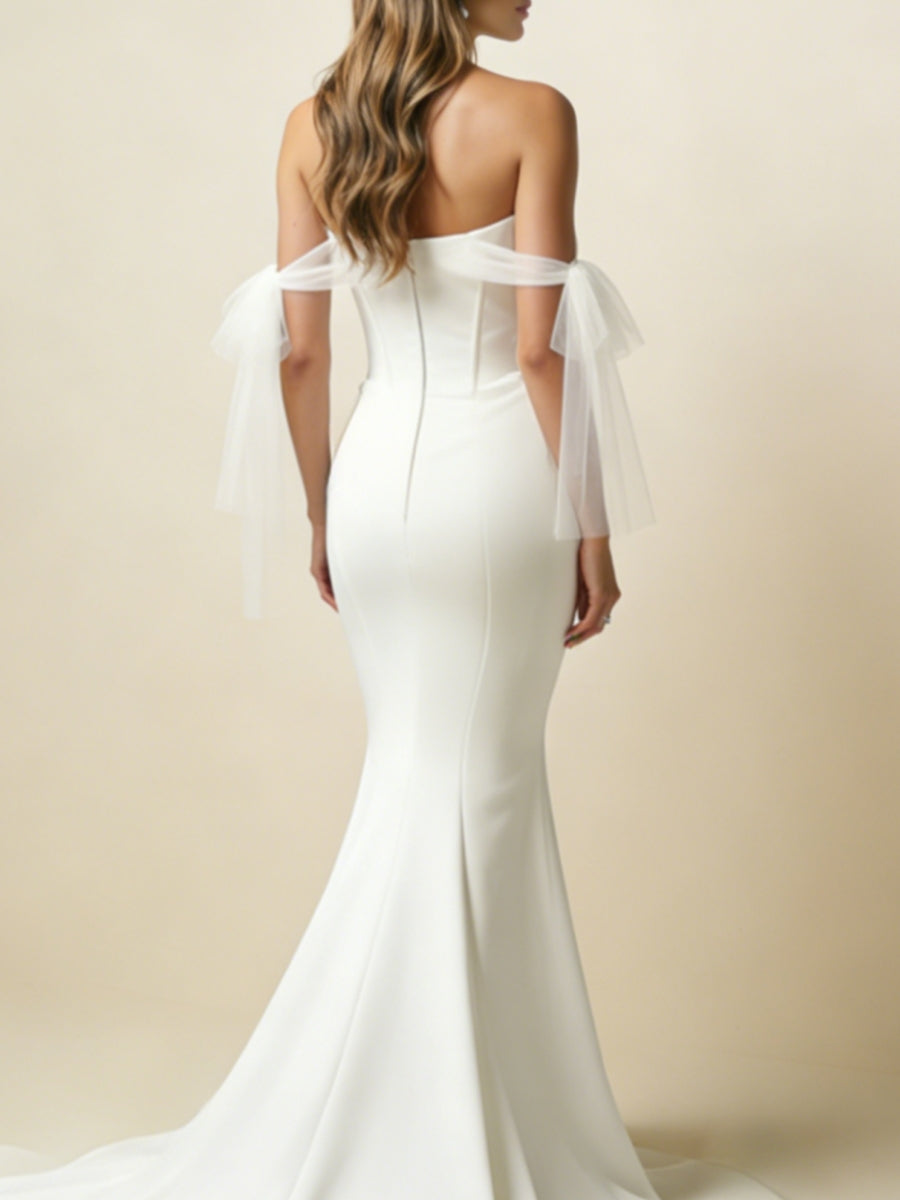 Trumpet/Mermaid Off-the-Shoulder Stretch Satin Wedding Dresses Sleeveless Floor-Length Sweep Train Ruched