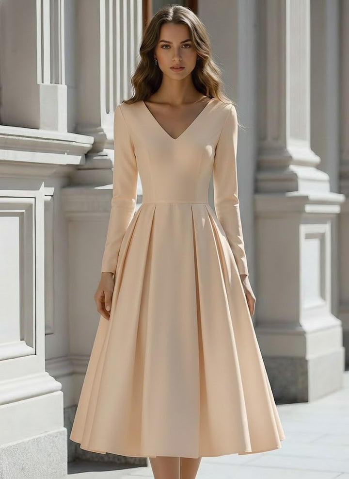 A-Line/Princess V-Neck Satin Wedding Dress Tea-length Long Sleeves
