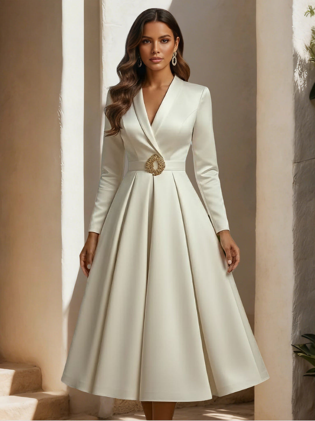 A-Line/Princess Shirt Collar Satin Wedding Dress with Sash Tea-length Long Sleeves