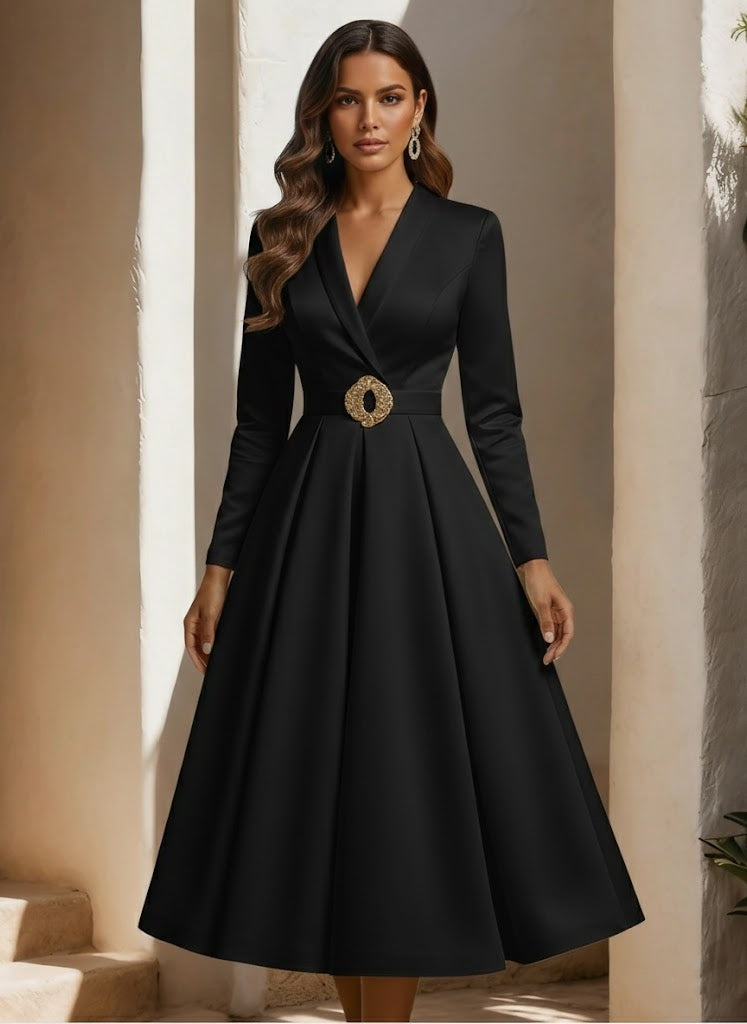 A-Line/Princess Shirt Collar Satin Wedding Dress with Sash Tea-length Long Sleeves