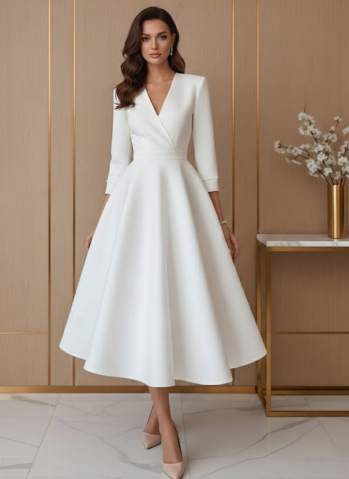 A-Line/Princess V-Neck Satin Wedding Dress Tea-length 3/4 Sleeves