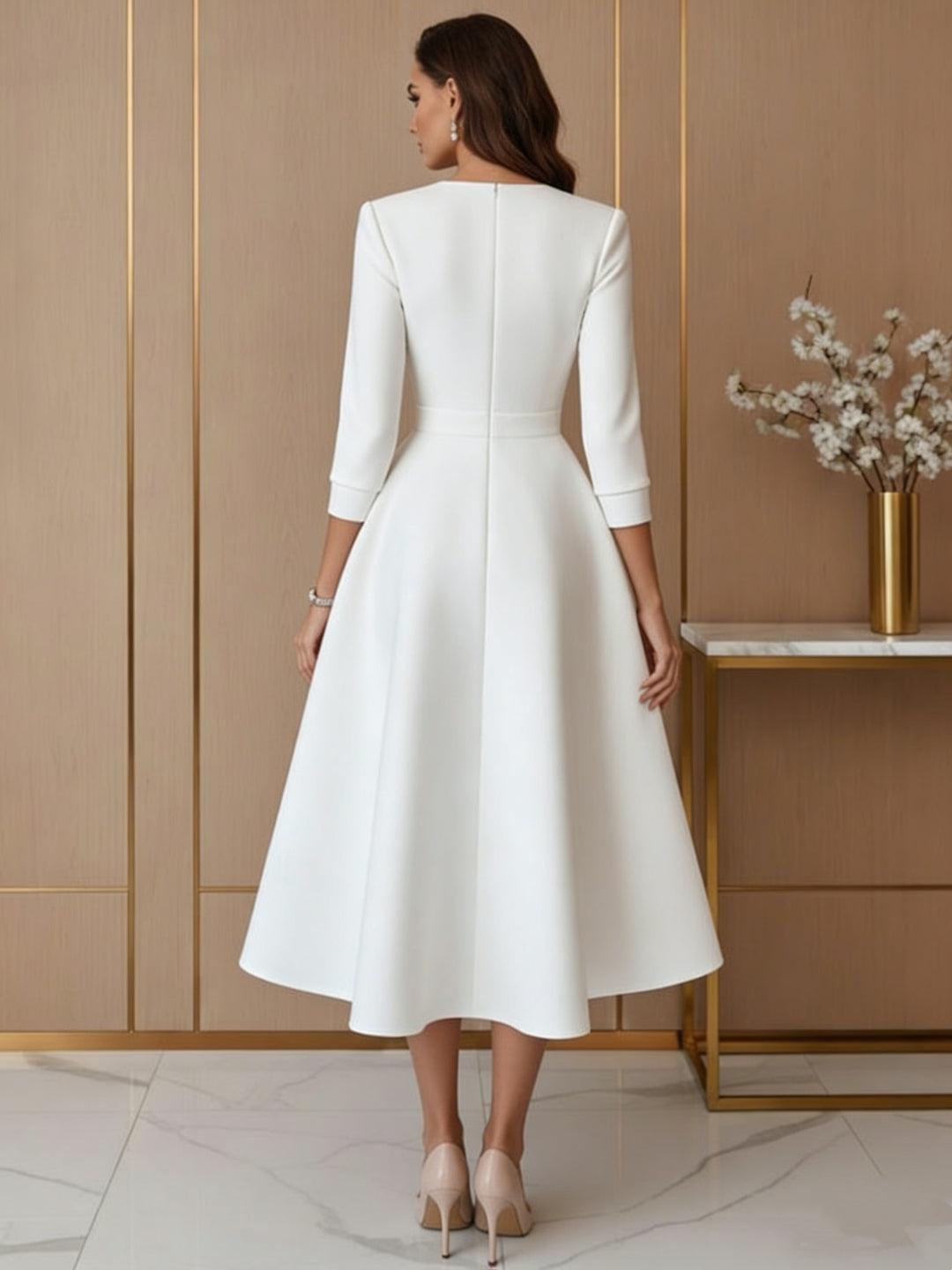 A-Line/Princess V-Neck Satin Wedding Dress Tea-length 3/4 Sleeves