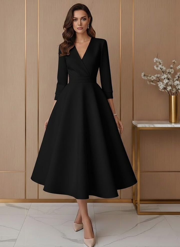 A-Line/Princess V-Neck Satin Wedding Dress Tea-length 3/4 Sleeves