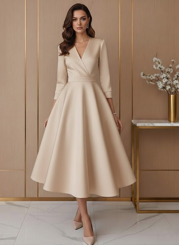 A-Line/Princess V-Neck Satin Wedding Dress Tea-length 3/4 Sleeves