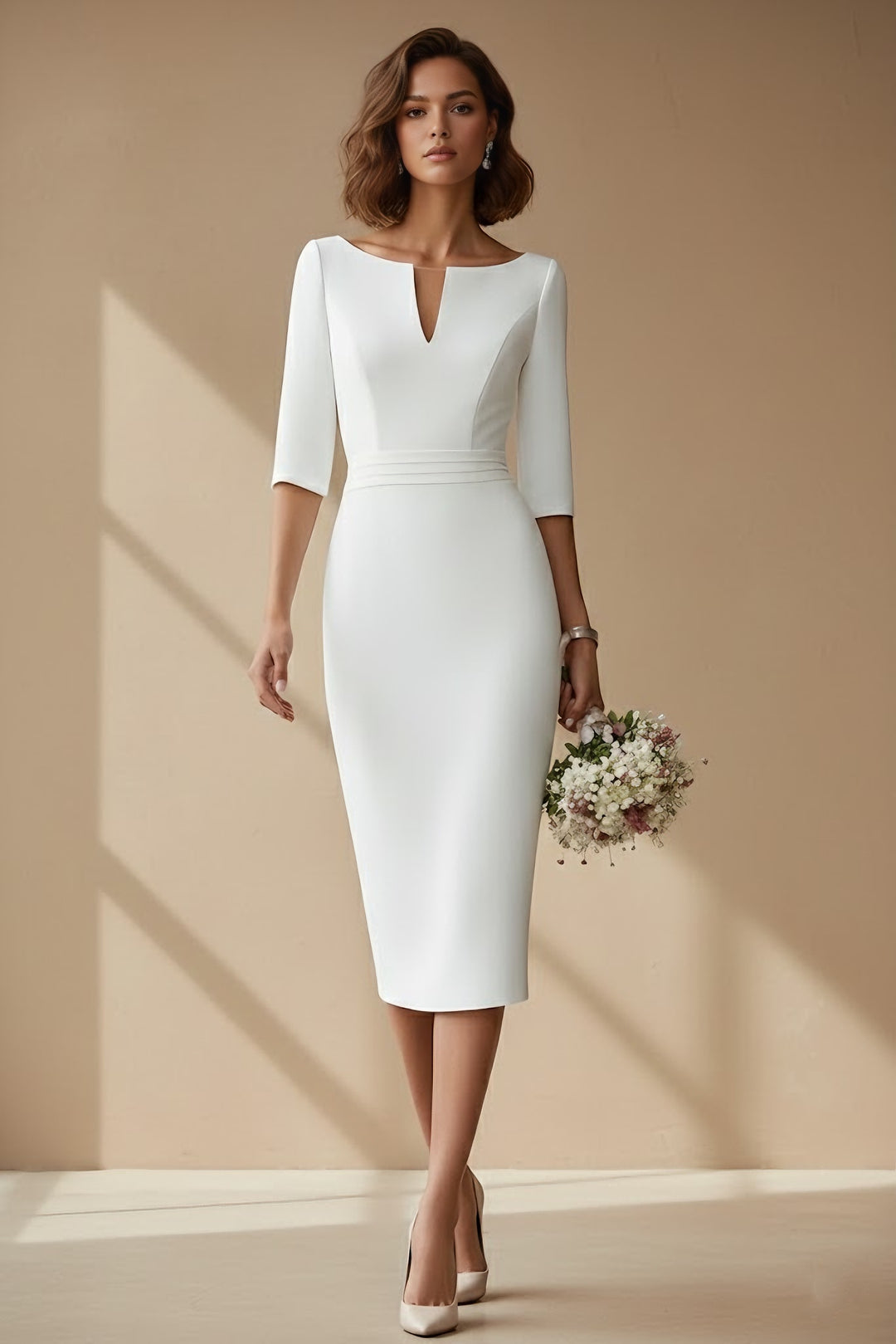 Sheath/Column Cowl Neck Satin Wedding Dress Tea-length Half Sleeves Sash