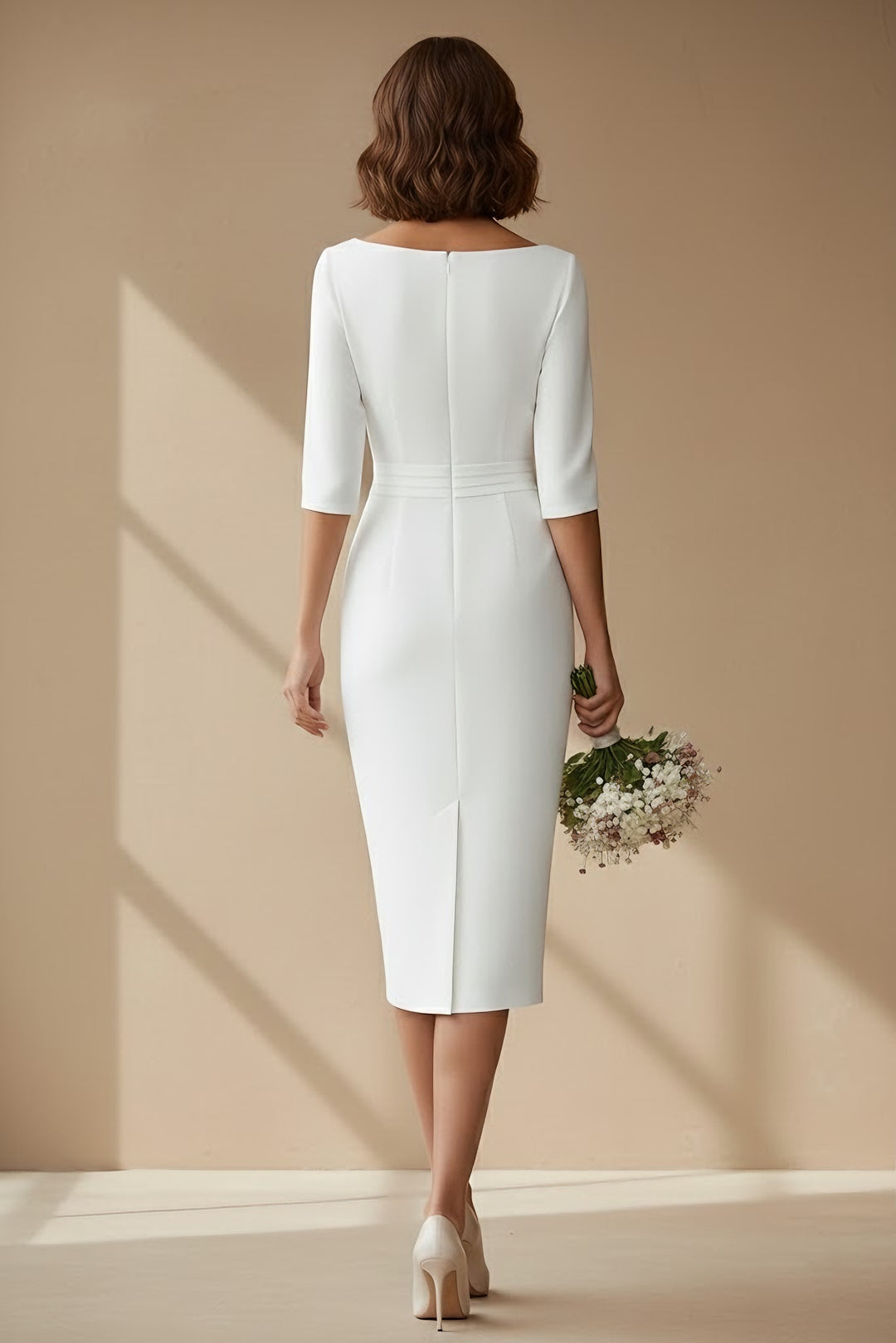 Sheath/Column Cowl Neck Satin Wedding Dress Tea-length Half Sleeves Sash