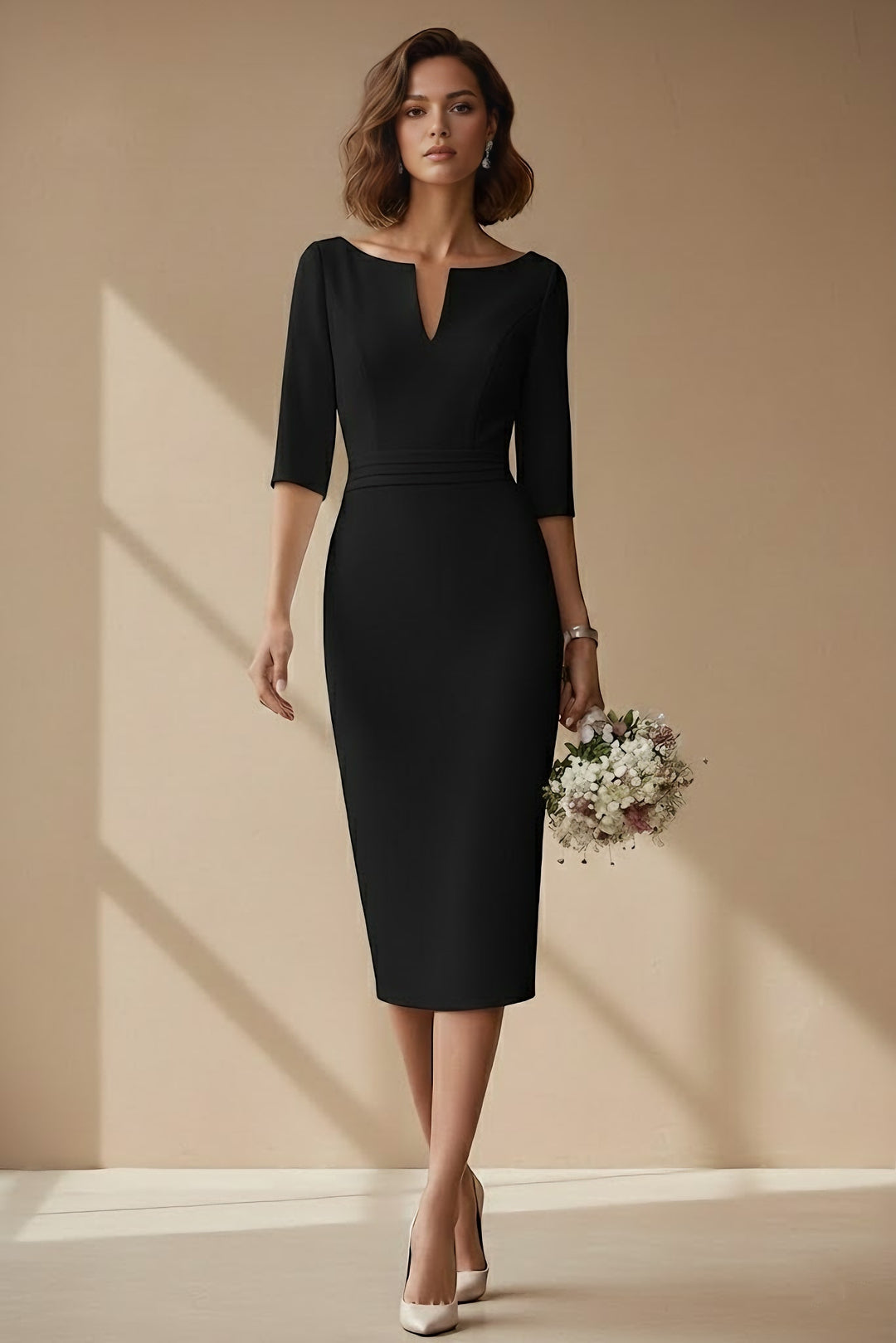 Sheath/Column Cowl Neck Satin Wedding Dress Tea-length Half Sleeves Sash