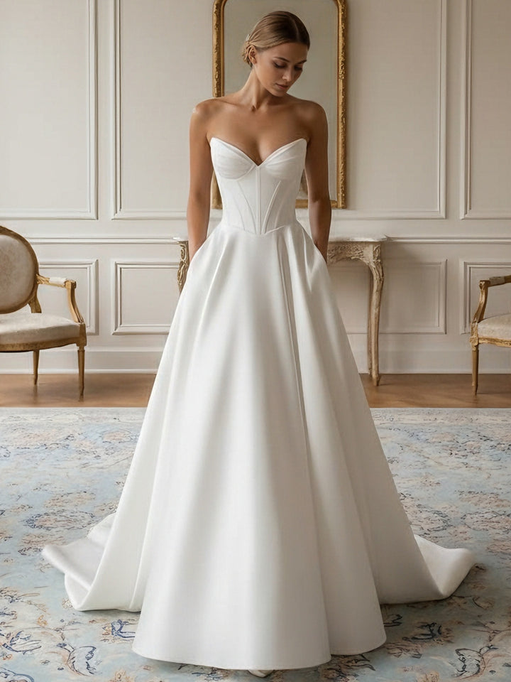 A-Line/Princess Strapless Wedding Dress Satin Floor-Length Sweep Train