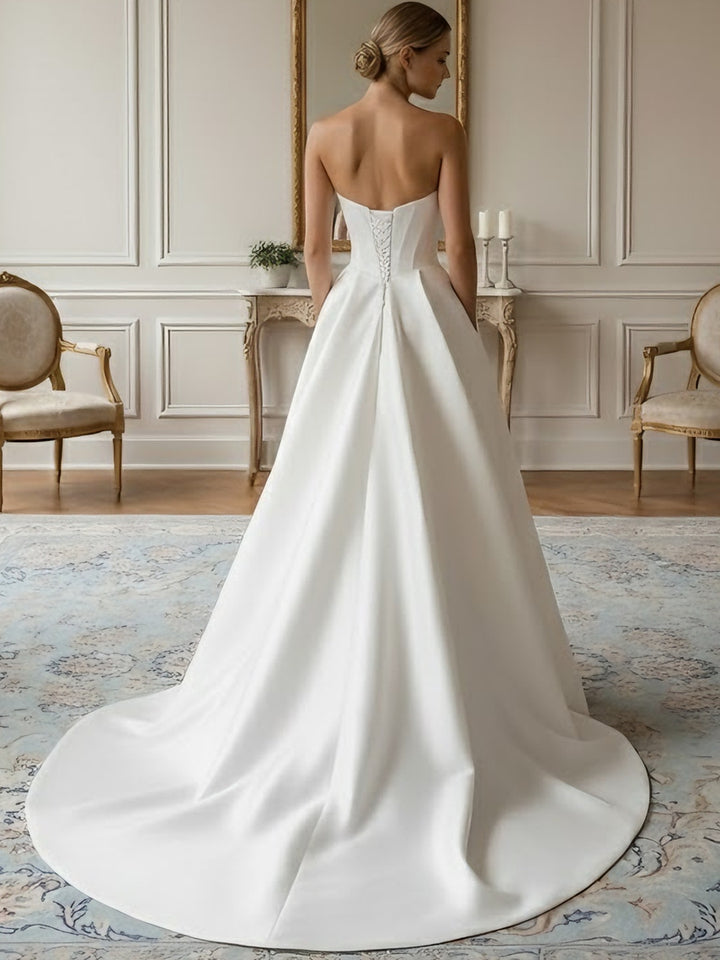 A-Line/Princess Strapless Wedding Dress Satin Floor-Length Sweep Train