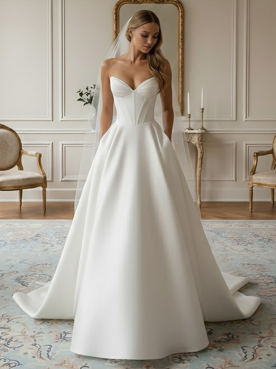 A-Line/Princess Strapless Wedding Dress Satin Floor-Length Sweep Train
