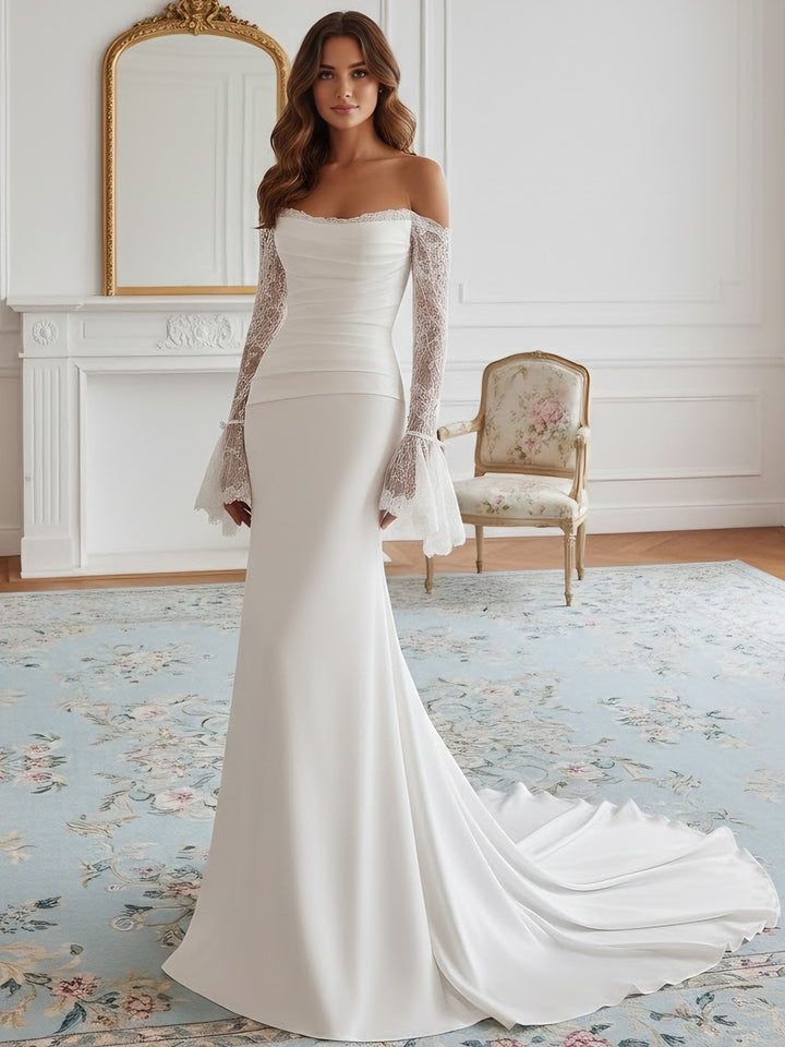 Trumpet/Mermaid Strapless Wedding Dress Silk Satin Floor-Length Sweep Train Lace Long Sleeves