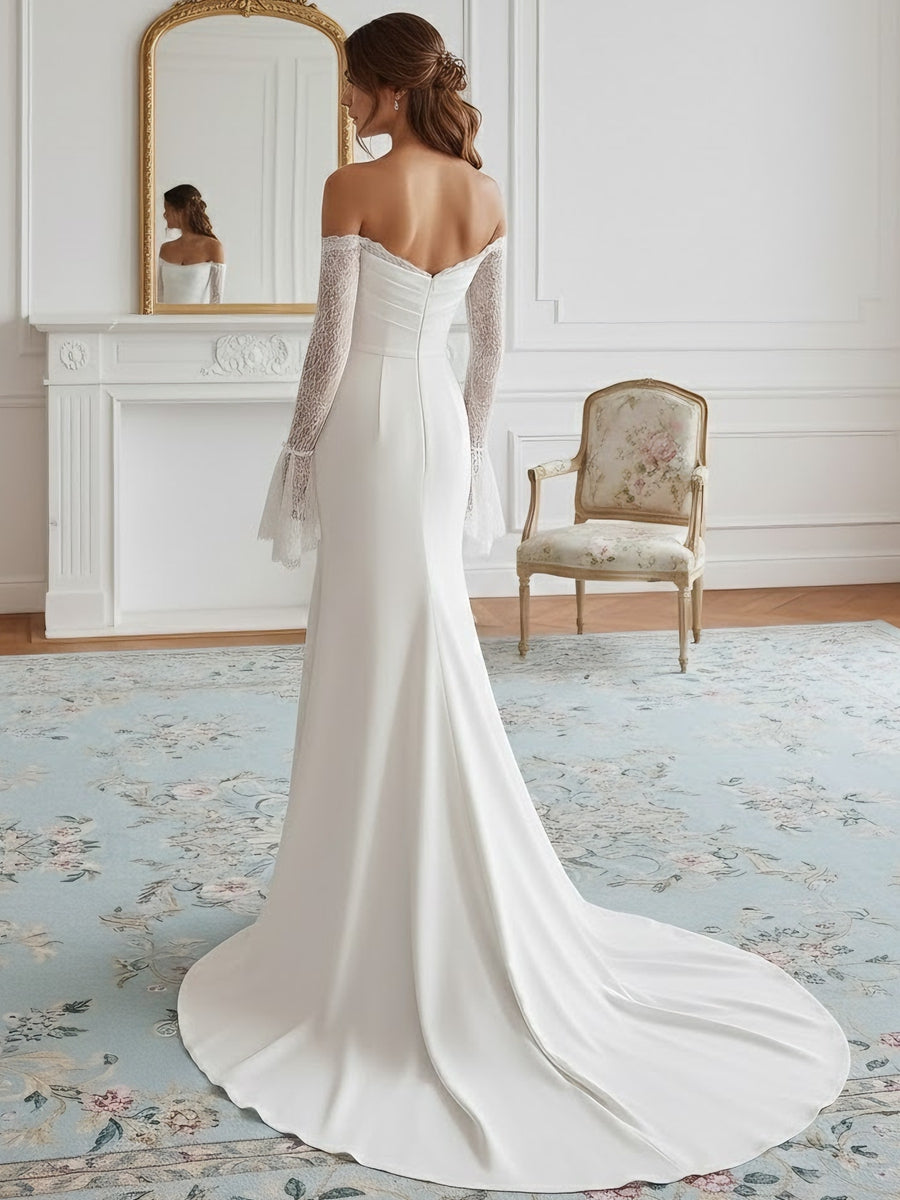 Trumpet/Mermaid Strapless Wedding Dress Silk Satin Floor-Length Sweep Train Lace Long Sleeves