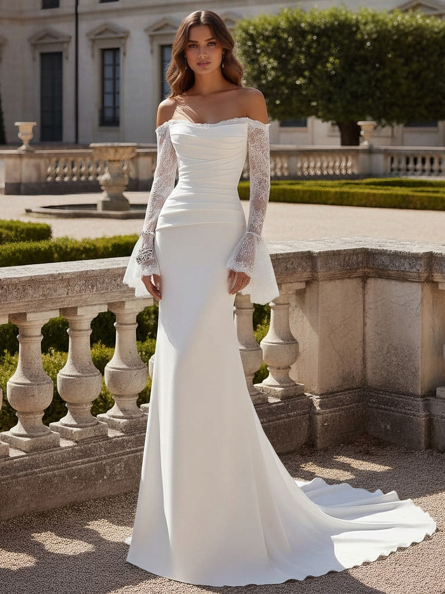 Trumpet/Mermaid Strapless Wedding Dress Silk Satin Floor-Length Sweep Train Lace Long Sleeves