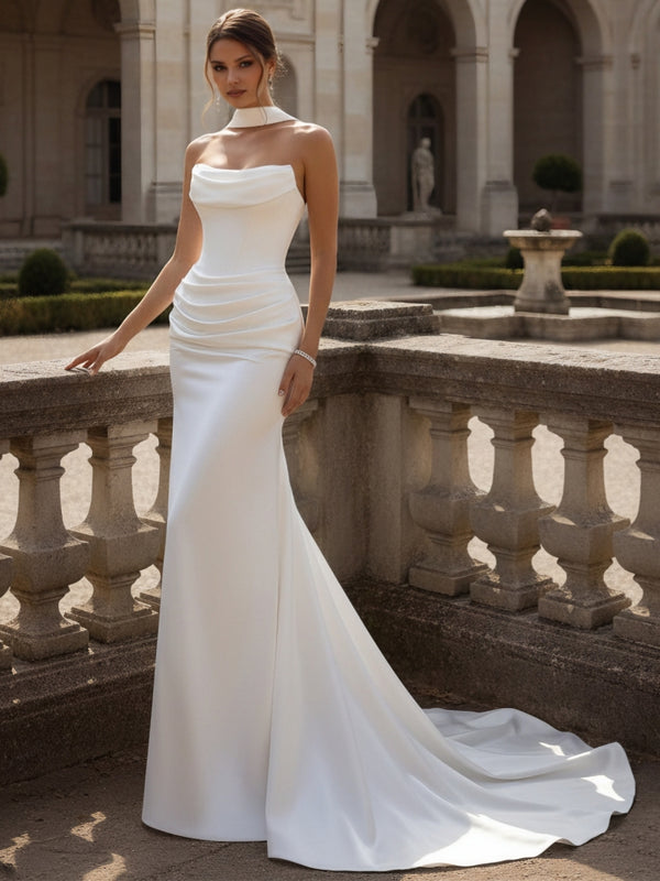 Trumpet/Mermaid Strapless Wedding Dress with Scarf Satin Floor-Length Sweep Train Ruched