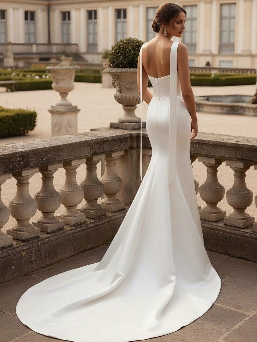 ruched trumpet wedding dress Stacees Bridal Wedding Dress Elegant Simple Trumpet V Neck Ruched Soft Satin Slit Illusion Lace Train