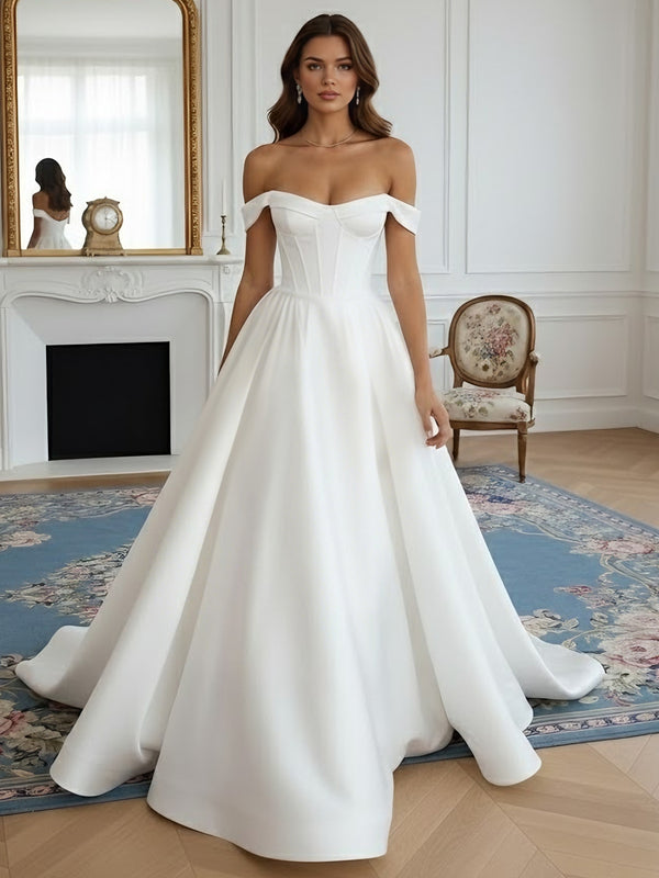 A-Line/Princess Off-the-Shoulder Wedding Dress Satin Floor-Length Sweep Train