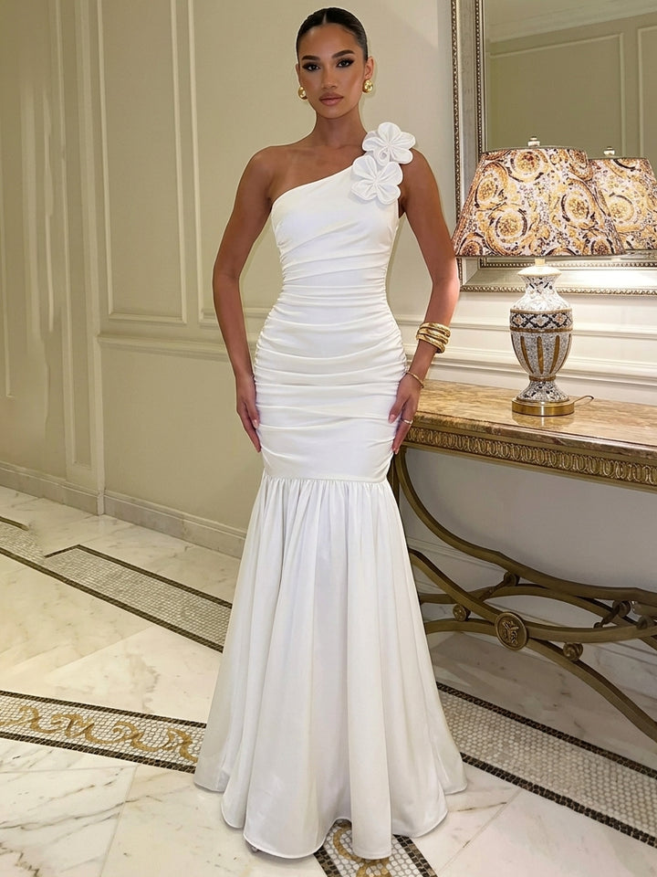 Trumpet/Mermaid One-Shoulder Satin Wedding Dresses Sleeveless Floor-Length 3D Flowers