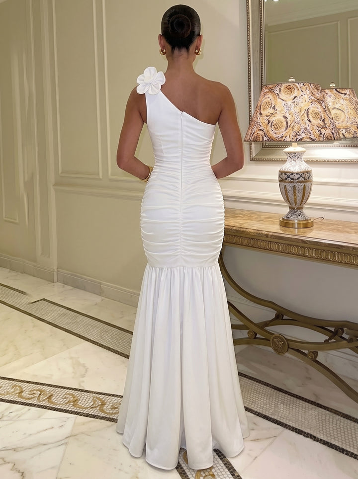 Trumpet/Mermaid One-Shoulder Satin Wedding Dresses Sleeveless Floor-Length 3D Flowers
