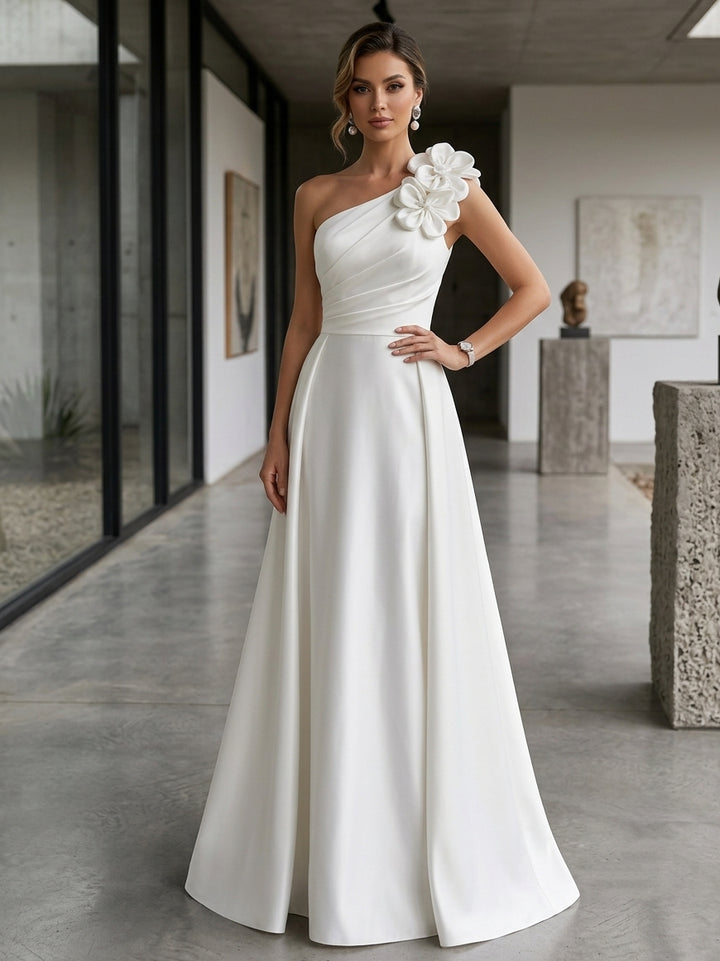 A-Line/Princess One-Shoulder Satin Wedding Dresses Sleeveless Floor-Length 3D Flowers