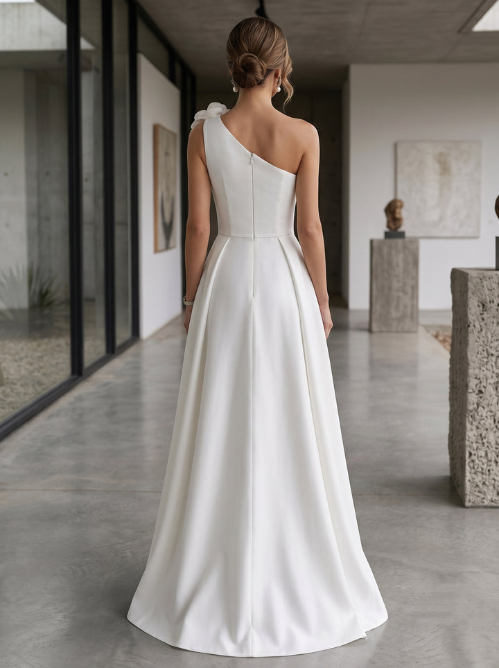 A-Line/Princess One-Shoulder Satin Wedding Dresses Sleeveless Floor-Length 3D Flowers