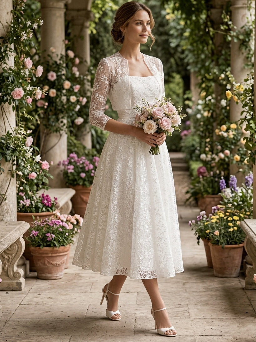 2 Pieces A-Line/Princess Strapless Lace Wedding Dresses Sleeveless Tea-Length with Jacket