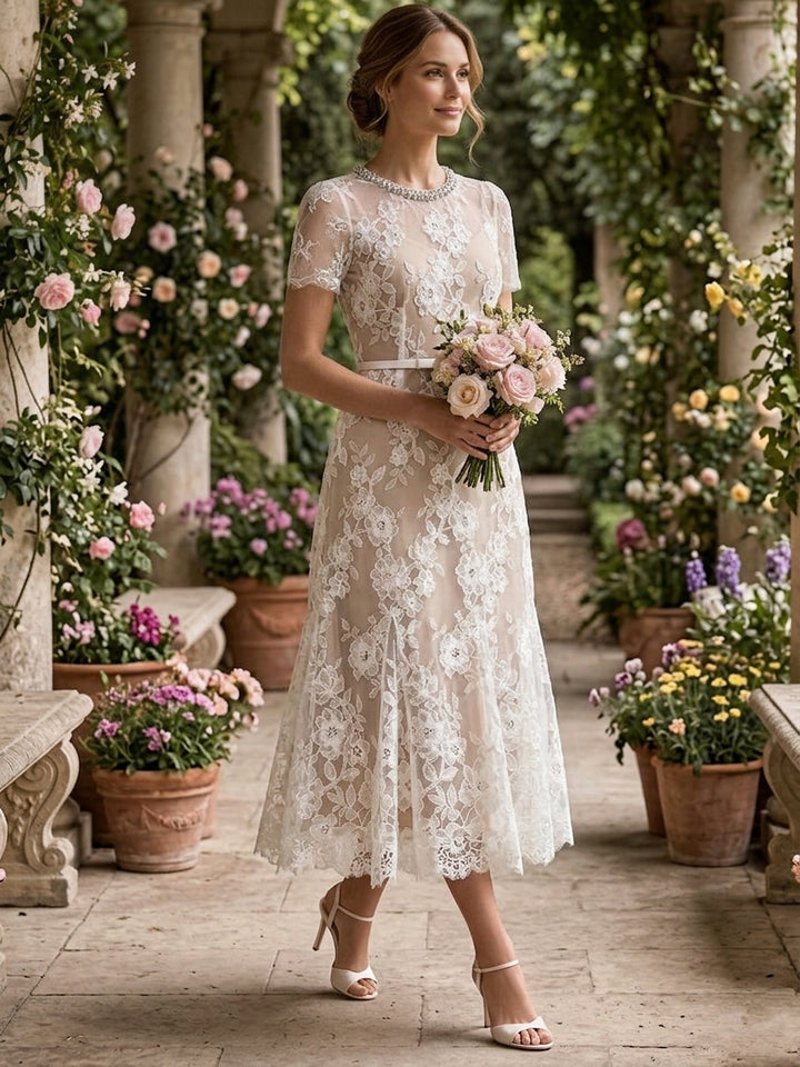 Trumpet/Mermaid Jewel Neck Lace Wedding Dresses Short Sleeves Tea-Length Rhinestone Belt