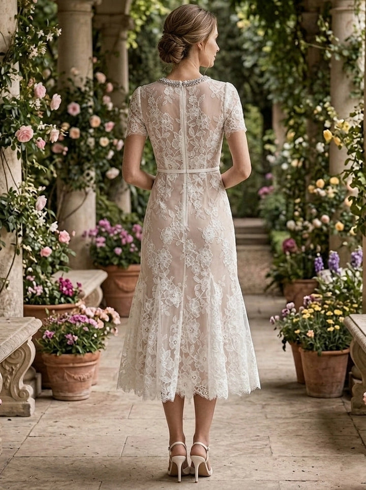 Trumpet/Mermaid Jewel Neck Lace Wedding Dresses Short Sleeves Tea-Length Rhinestone Belt