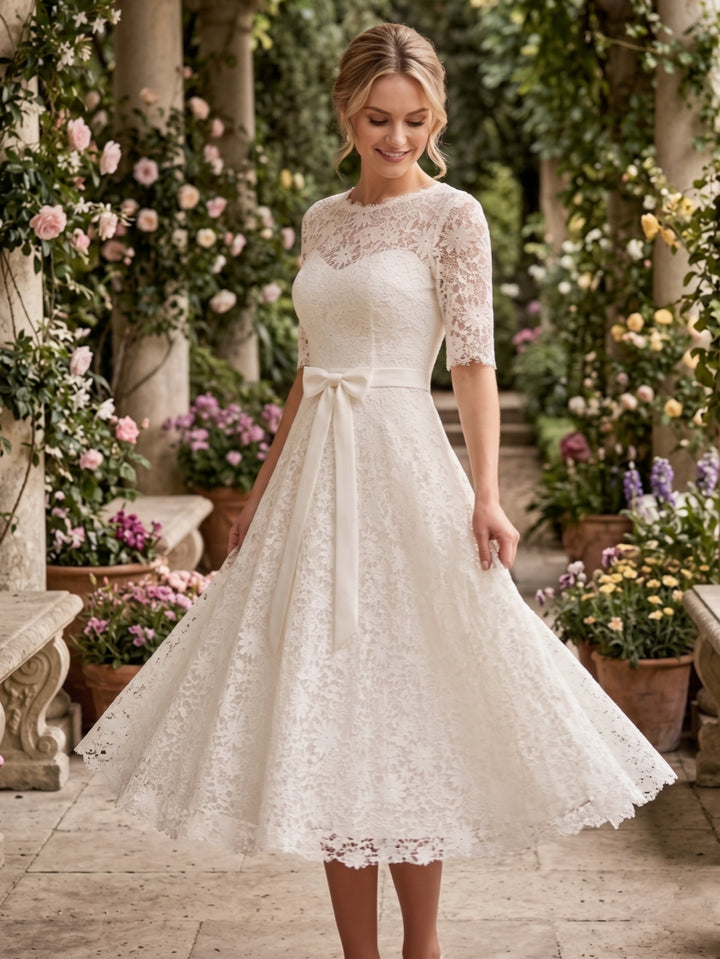 A-Line/Princess Jewel Neck Lace Wedding Dresses Half Sleeves Tea-Length Bowknot Belt