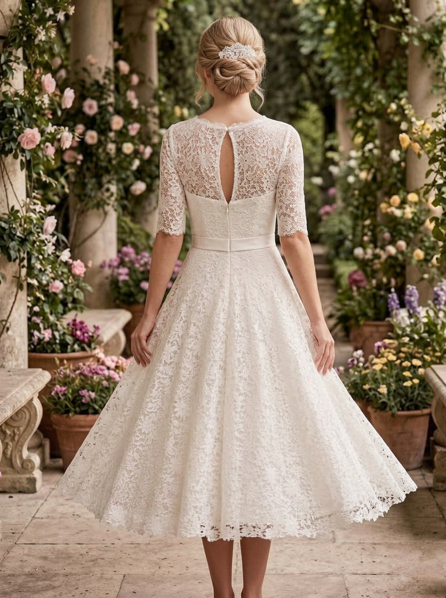 A-Line/Princess Jewel Neck Lace Wedding Dresses Half Sleeves Tea-Length Bowknot Belt