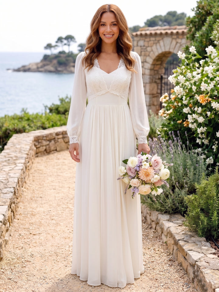 A-Line/Princess V-Neck Chiffon Wedding Dresses Long Sleeves Floor-Length Lace Pleated
