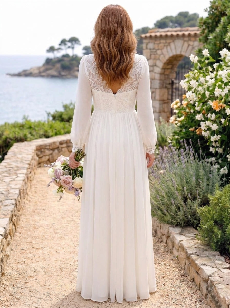 A-Line/Princess V-Neck Chiffon Wedding Dresses Long Sleeves Floor-Length Lace Pleated