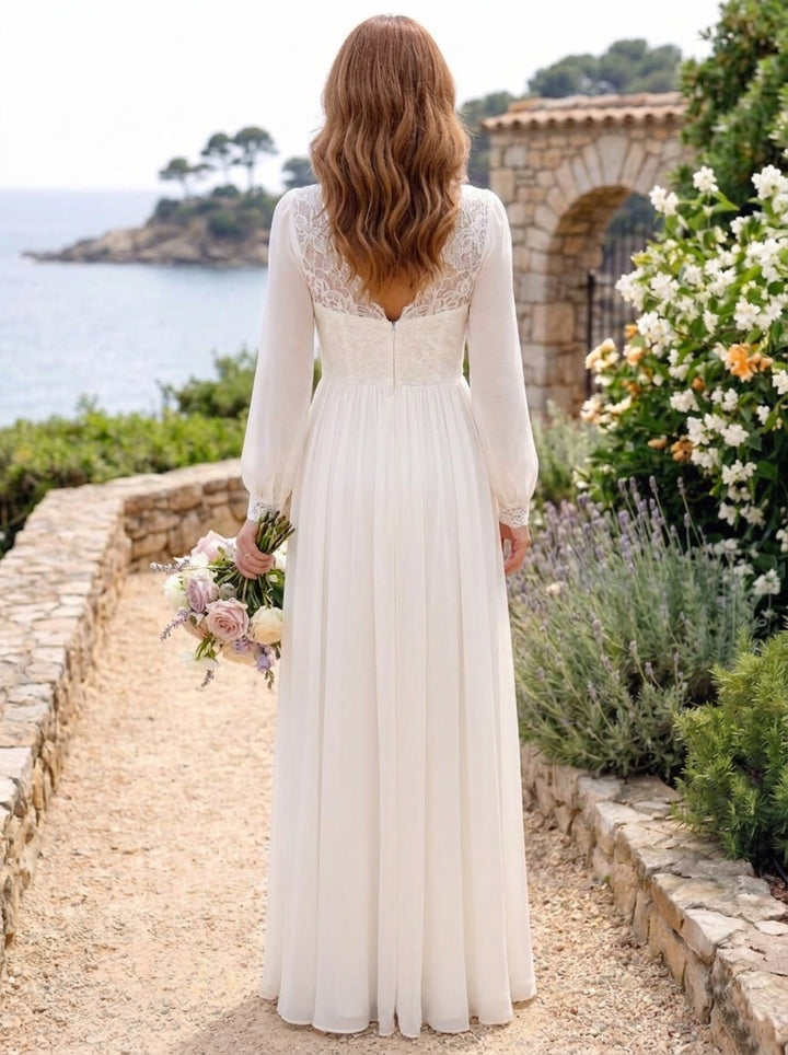 A-Line/Princess V-Neck Chiffon Wedding Dresses Long Sleeves Floor-Length Lace Pleated