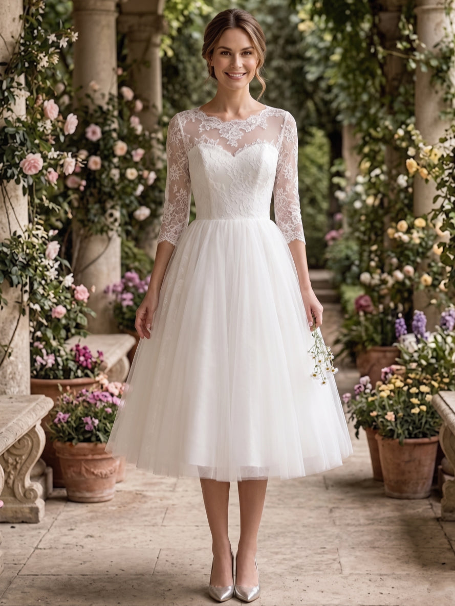 A-Line/Princess Jewel Neck Lace Wedding Dresses 3/4 Sleeves Tea-Length Floral