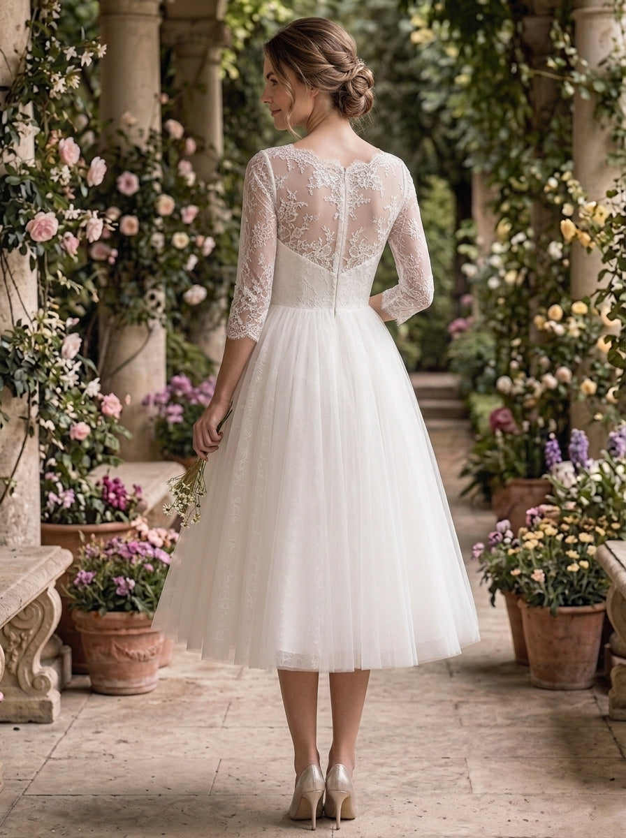 A-Line/Princess Jewel Neck Lace Wedding Dresses 3/4 Sleeves Tea-Length Floral