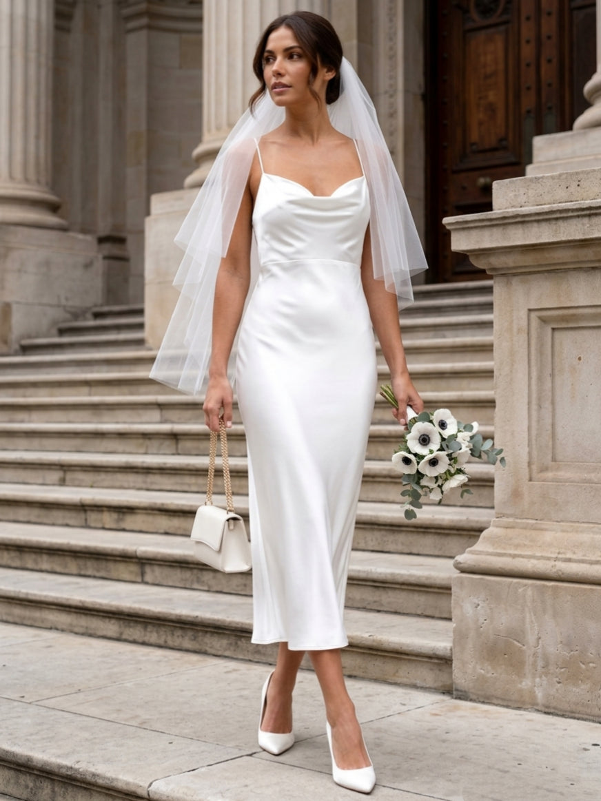 Sheath/Column Spaghetti Straps Silk Satin Wedding Dresses Sleeveless Tea-Length