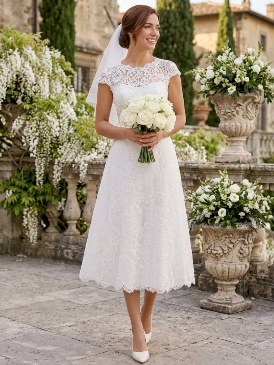 A-Line/Princess Jewel Neck Lace Wedding Dresses Cap Sleeves Tea-Length Floral Hollow