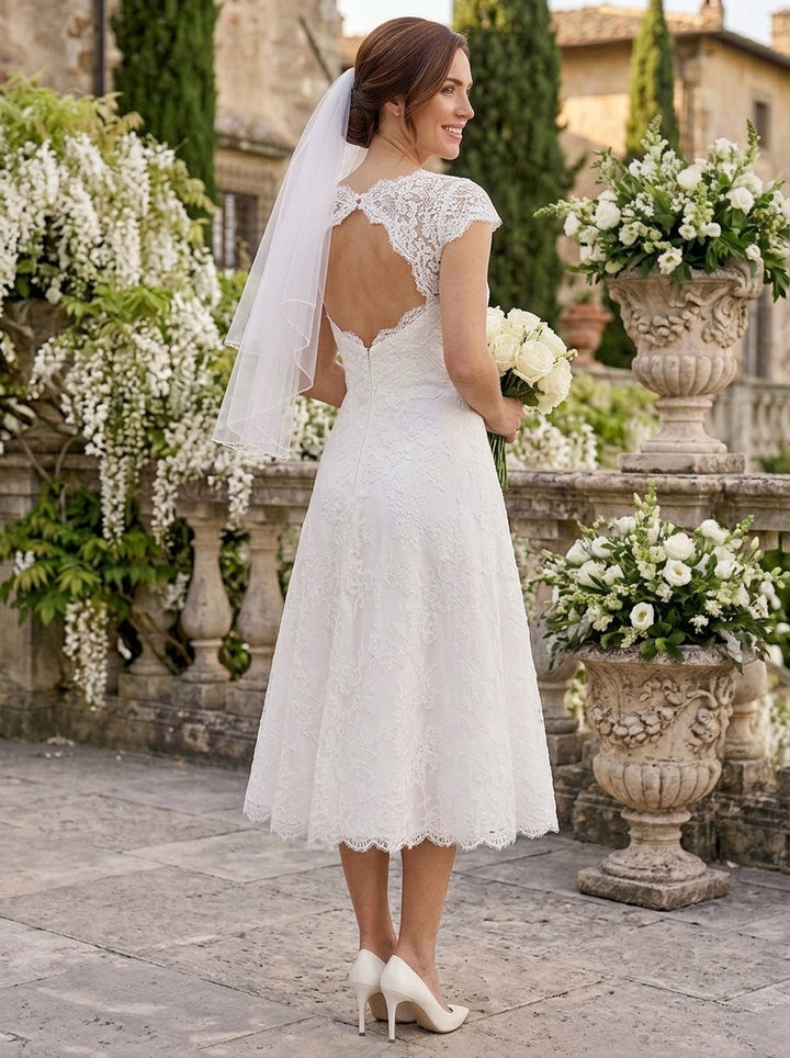 A-Line/Princess Jewel Neck Lace Wedding Dresses Cap Sleeves Tea-Length Floral Hollow