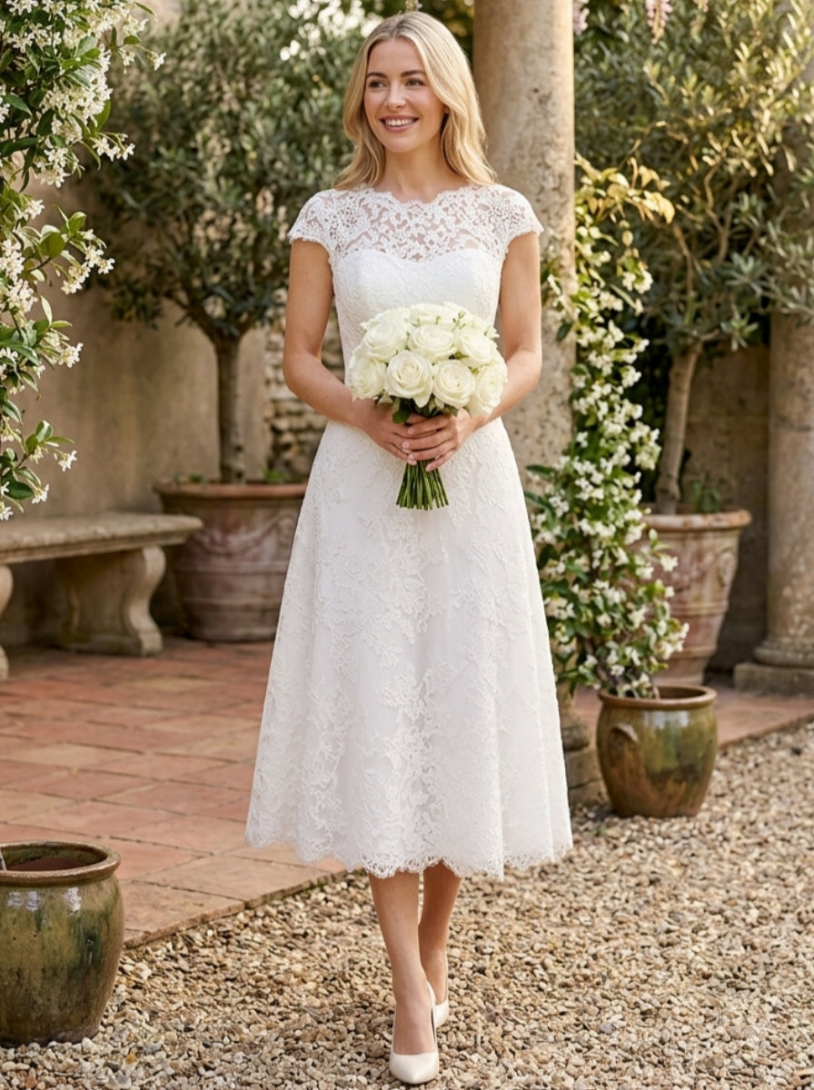 A-Line/Princess Jewel Neck Lace Wedding Dresses Cap Sleeves Tea-Length Floral Hollow