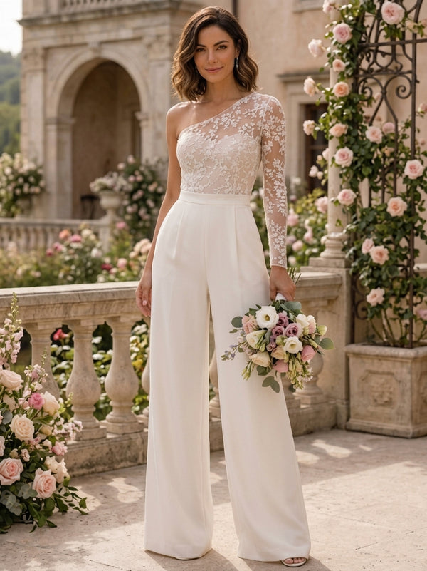 Jumpsuits One-Shoulder Stretch Satin Wedding Dresses Lace Long Sleeve Floor-Length Floral