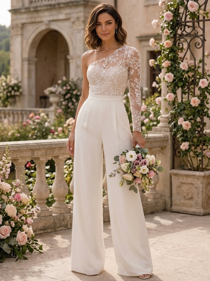 Jumpsuits One-Shoulder Stretch Satin Wedding Dresses Lace Long Sleeve Floor-Length Floral