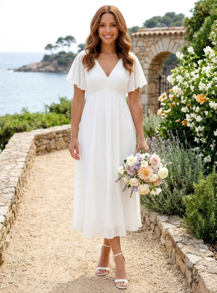 A-Line/Princess V-Neck Chiffon Wedding Dresses Short Sleeves Tea-Length Ruched