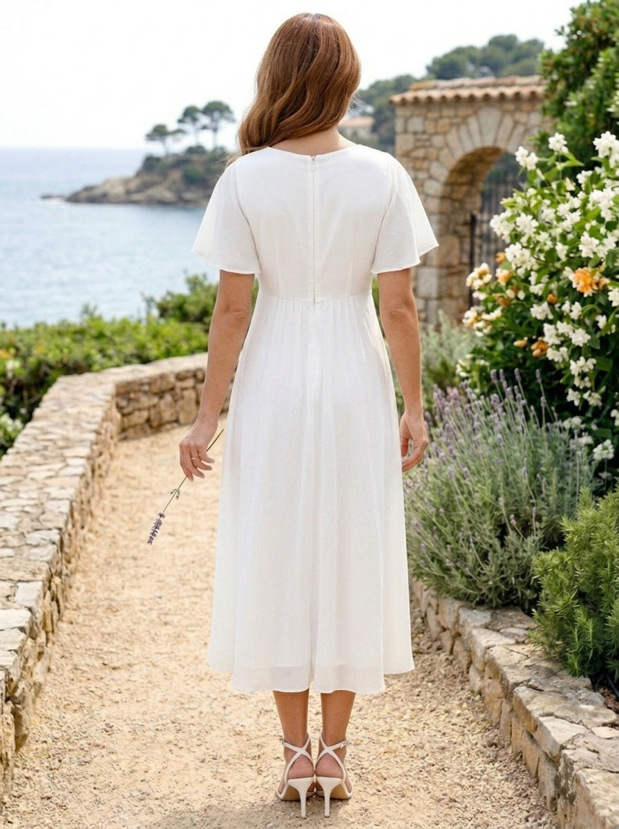 A-Line/Princess V-Neck Chiffon Wedding Dresses Short Sleeves Tea-Length Ruched
