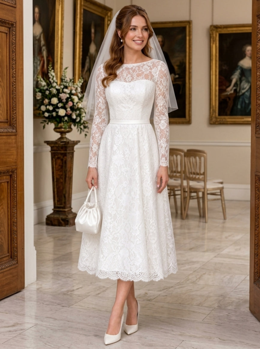 A-Line/Princess Boat Neck Lace Wedding Dresses Long Sleeves Tea-Length Floral