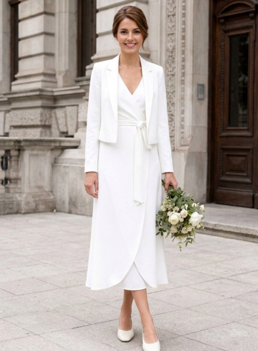 A-Line/Princess V-Neck Chiffon Wedding Dresses with Jacket Long Sleeves Tea-Length Belt
